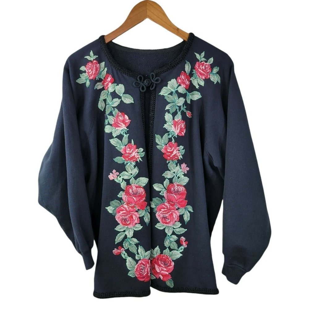 Vintage Cardigan Sweatshirt Size Medium Large granny Black pink Rose Puff paint